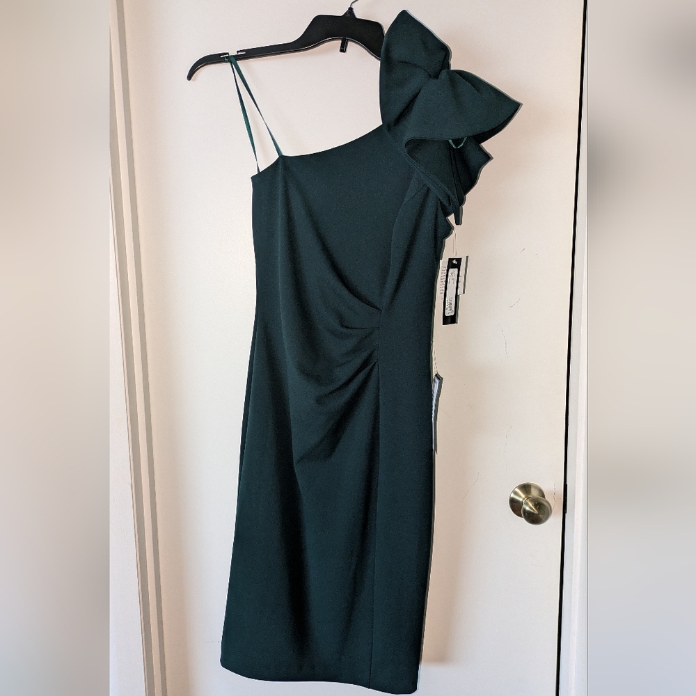 Betsy & Adam NWT One-Shoulder Bow Midi Dress - Dark Green